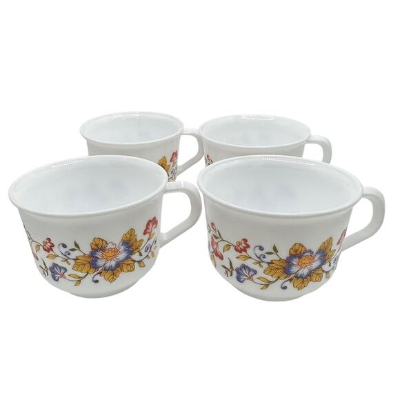 Vintage Milk Glass Arcopal France Flowers Floral Tea Coffee Cup Set of 4 - Picture 1 of 7